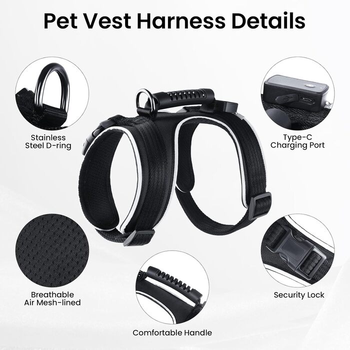 Світлодіодне обіднє нашийник для собак Masbrill, світловідбиваючий, з регулюванням, з ручкою, для малих, середніх та великих собак (Чорний/Червоний, S)