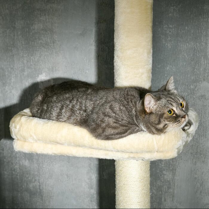 PawHut Когтеточка для котів, висота 230-260 см, ігровий комплекс з 4 рівнями та будиночком з плюшу, бежевий