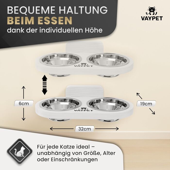 Підвищений годівниця для котів VAYPET® з силіконовим клеєм для кріплення на стіну без свердління. Плавучий годівниця для котів для зручного положення. Надійний годівниця з нержавіючої сталі білого кольору.