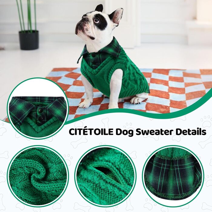 Теплий собачий светр CITE TOILE з візерунком у клітинку, комір-гетр та отворами для повідка – зимовий одяг для собак маленьких, середніх та великих порід, светр для котів на Різдво (L, Зелений)
