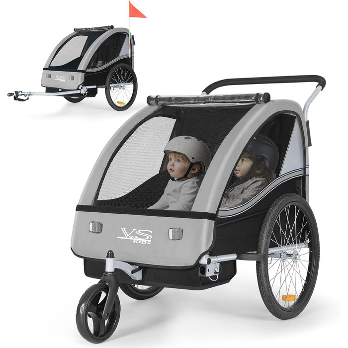 Дитячий причіп Tiggo VS 2 в 1: велосипедний причіп та коляска-візок, сірий