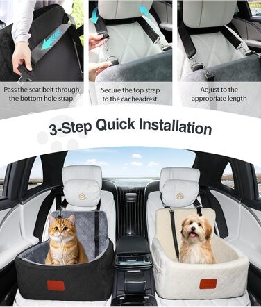 Автокрісло для собак маленьких порід, переносна лежанка для собак з memory foam, знімний та пральний чохол, автокрісло для собак з 3-точковими ременями безпеки (Чорний/Сірий, Маленький)