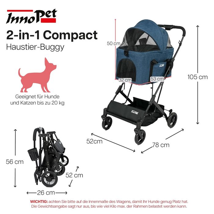 Візок для собак та котів Innopet 2-в-1 - компактний, складаний, з переноскою та підставкою для авто - до 20 кг