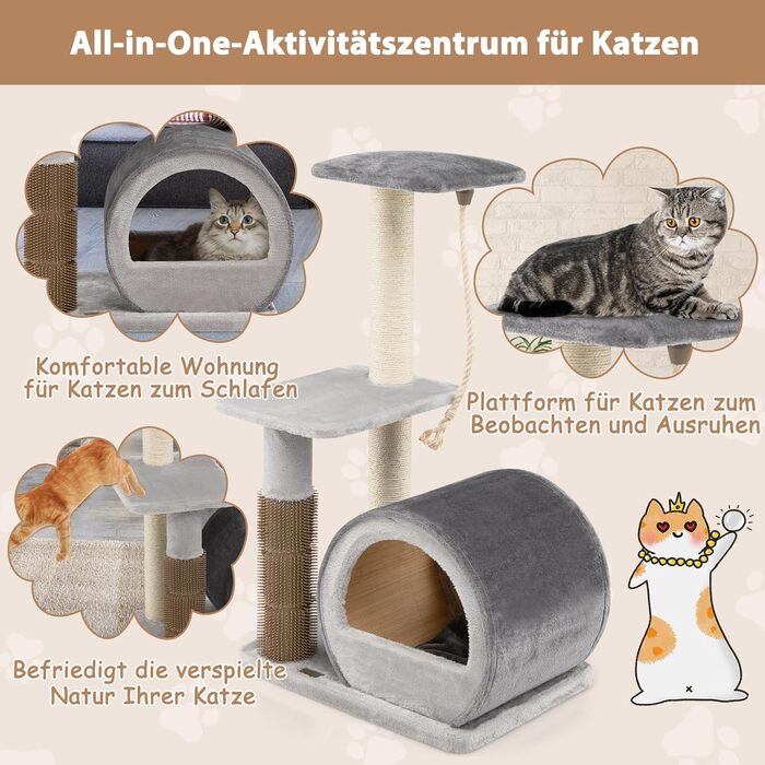 Дерев'яний кігтеточки для котів COSTWAY 92 см з печерою, бамбук, килимок, щітка, м'яч, кріплення, активний комплекс (сірий)
