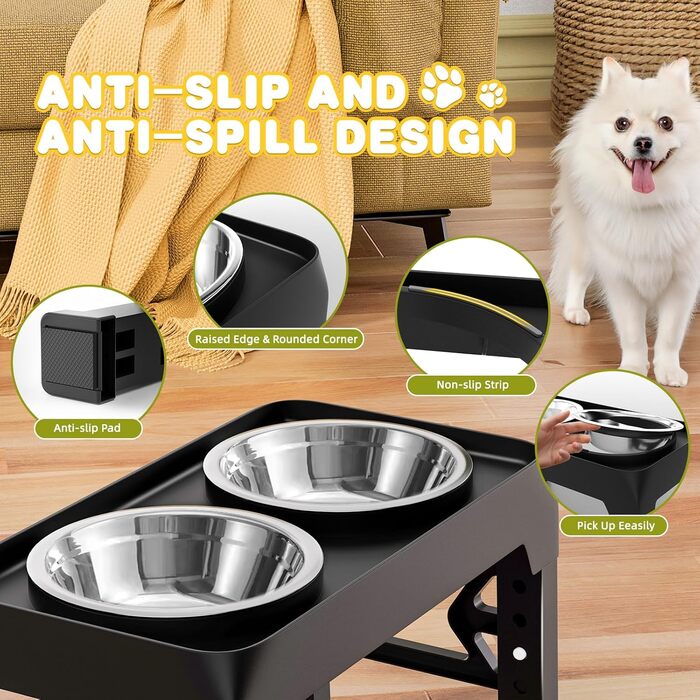 Підвищені годівниці для собак, 5 положень по висоті, підставка для собак з 2 мисками з нержавіючої сталі, неслизька, регулюється на 9, 22,9, 25,4, 27,9, 30,8 см, для середніх та великих собак