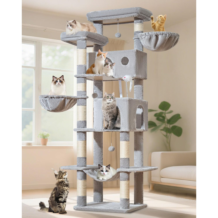 Кігтеточка для котів Taoqimiao 193 см, велика, XXL, з будиночками, гамаком, платформами та 8 стовпчиками для заточування кігтів, сірого кольору MS046W