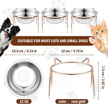 Набір з 6 піднятих мисок для котів, 14 см, нержавіюча сталь, миски для котів з металевим підставкою, без стресу, для вусів, піднята годівниця та миска для води для котів, кошенят, маленьких собак, 340 мл
