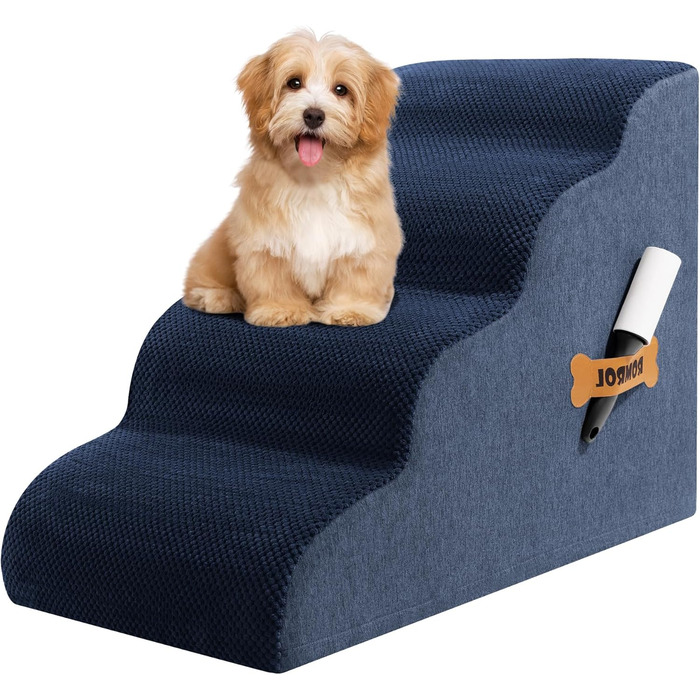 Сходинки для собак та котів Romrol – 4 сходинки, м'який Memory Foam, неслизьке покриття, для захисту суглобів, синій