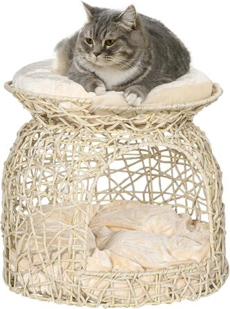 Будиночок для котів PawHut із ротангу, двоповерхова котяча хатка з подушкою, 42x42x40 см, бежевий, для спальні, вітальні та коридору