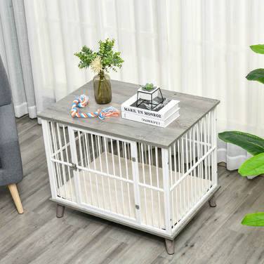 PawHut Клітка для собак Wood Look зі стільницею та подушкою для середніх собак 86x60x70см у білому та сірому кольорах