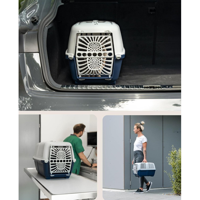 Транспортна переноска для собак Lionto з міцного переробленого пластику, 55x36x36 см, з надійним замком та ручкою для перенесення, підходить для котів та дрібних тварин, для тварин до 15 кг, сірий колір (Темно-синій, Д 48 x Ш 32 x В 33 см)