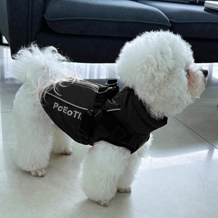 Водонепроникний собачий дощовик для маленьких собак, тепла світловідбиваюча куртка з шлейкою для зими, костюм для катання на лижах, бавовна, чорний собачий пуловер S