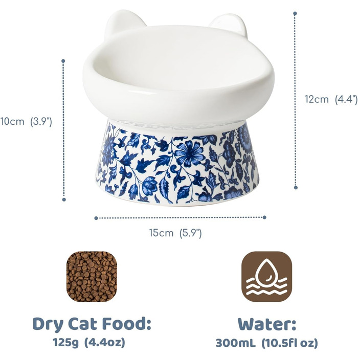 Котло propositions, Підвищена годівниця для котів TIGOADT, керамічна, широка, нахилена, проти блювоти, для кошенят та дорослих котів (блакитно-білий візерунок)