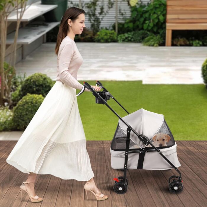 Візок для собак Homewell 2в1, сірий, 50x70x99 см. Візок-будка, з тримачами для напоїв, складний, з гальмом