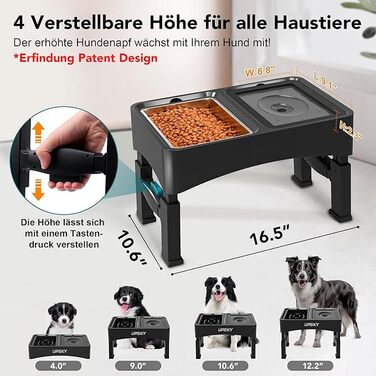 Підвищена годівниця для собак WS - 2-в-1 з регульованою висотою, анти-розливання, миска для корму та води без облизування (чорна)