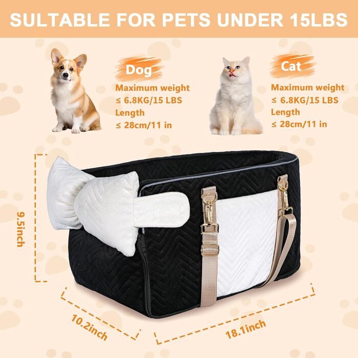 Автокрісло для собак - підставка для тварин у машину з ременем безпеки та м'яким сидінням, чорний (до 6,8 кг)