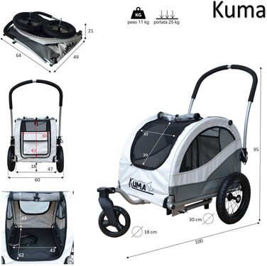 Papilioshop Kuma: візок для собак, причіп для велосипеда, а також переносний лежак для тварин. Легкий та стабільний, ідеальний для прогулянок та транспортування. Сірий колір.