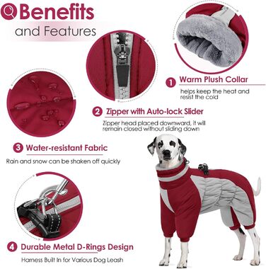 Зимовий комбінезон для собак AOFITEE - теплий водонепроникний зимовий одяг для великих собак з ніжками, підходить для Французького бульдога, колір: бордовий