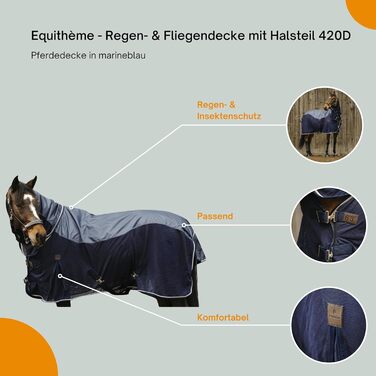 EQUITHÈME водонепроникна дощова та антимоскітна попона з шийною частиною 420D для коня, з сіткою, хрестоподібними ременями, ременями для ніг і клапаном для хвоста, для вулиці, темно-синя, 125 см