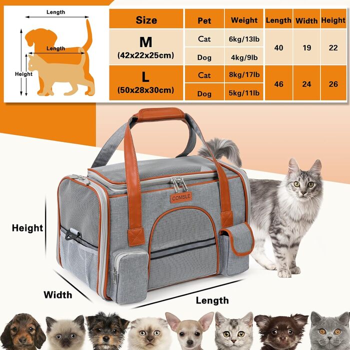 Сумка-переноска для кота/собаки COMSLE, 7 кг, 42x22x25 см, світло-сіра