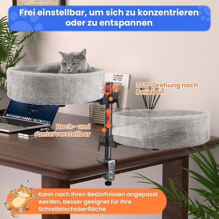 BSWAY ліжко для кота на стіл - без свердління, 360° обертання, регульована висота. Підвищене котяче ліжко над столом. Тримає кошеня/кота близько, робочий простір чистий. Ліжко для кота на стіл (Сірий, XL). Сірий XL