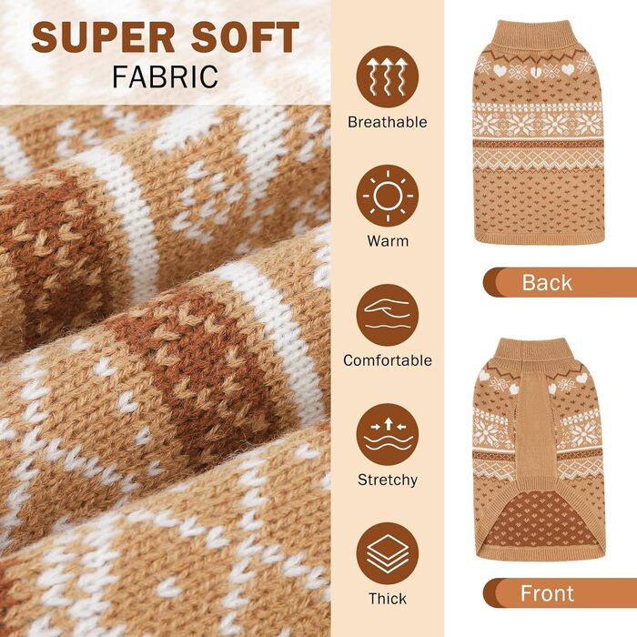 Светр для собак SCENEREAL: теплий, м'який, з ролкрагом, для великих, середніх та маленьких собак, з візерунком сніжинок, хакі, розмір XS (обхват грудей 15-16 дюймів)