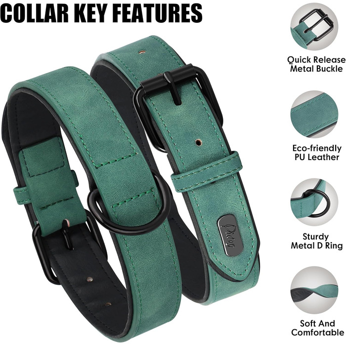 Нашийник для собак Didog з м'якої шкіри, дихаючий, міцний, з регульованою металевою застібкою, зелений, L, 33-43 см, 10-20 кг