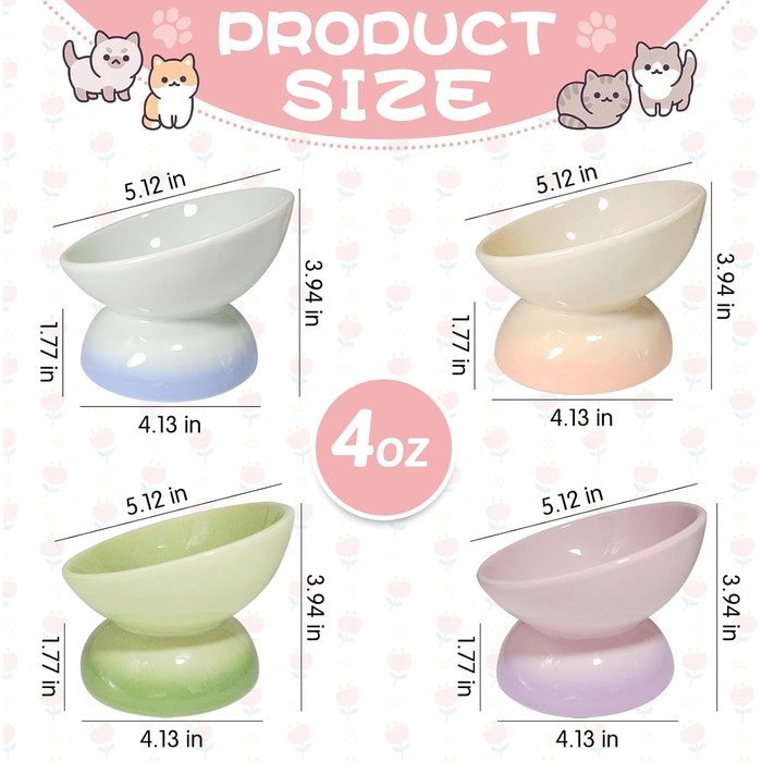 Підвищений годівниця для котів та маленьких собак Kathson, кераміка, нахилена, проти блювоти, 4 шт. (Blue, Green, Purple, Pink)