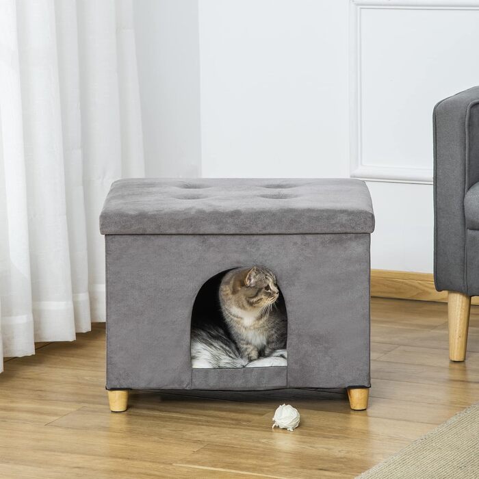 Котяча хатинка-лежак PawHut 2-в-1 з подушкою, дерев'яні ніжки, м'який плед, пуф, знімний чохол, сірий, 60x45x44,5 см