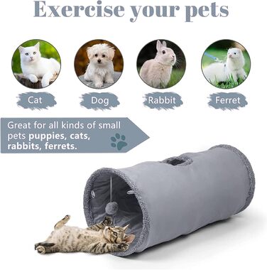 Туннель для котів Wooluck, великий складний тунель-іграшка з кулькою та шурхотливим матеріалом, 2 печери, 130*30 см