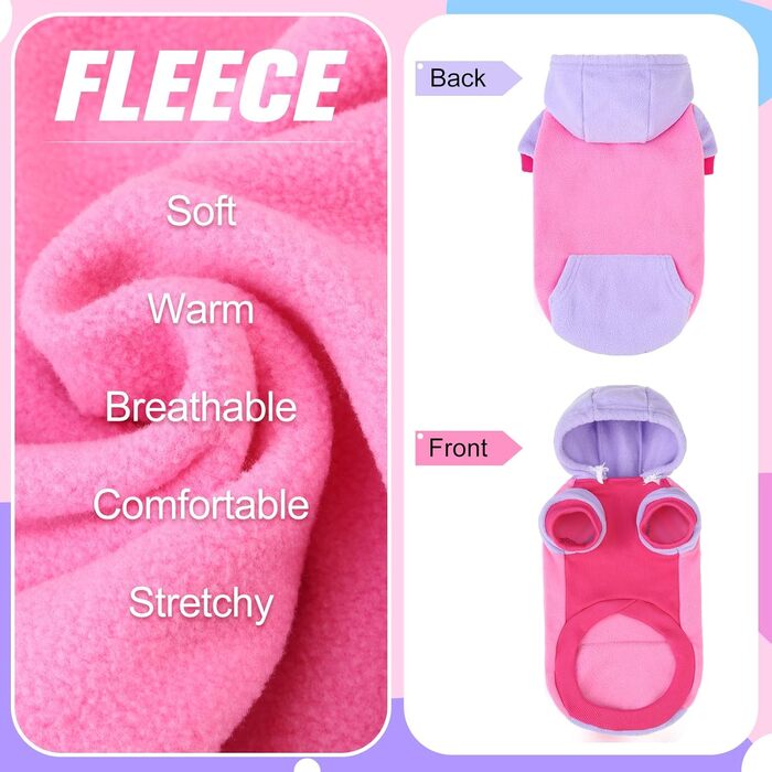Теплий флісовий худі для собак BeautyZoo з кишенею та отвором для повідка, розтяжний, для малих, середніх та великих собак, одяг для осені, зими, холодних днів, дизайнерські куртки для собак, Рожевий M/L (Спіна: 46см, Груди: 64см, Шия: 38см)