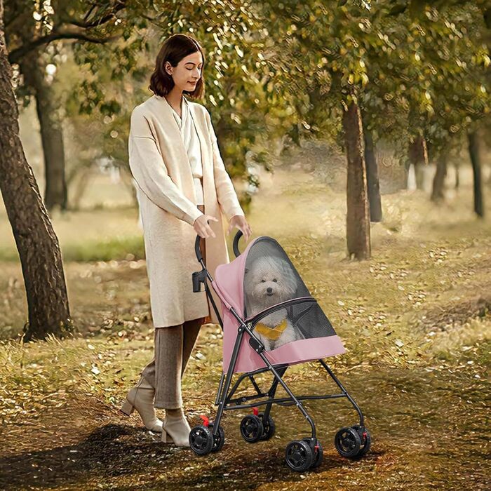 Візок для собак Homewell 2в1, прогулянковий візок-переноска з підсклянниками, з гальмом та водонепроникним тентом, рожевий