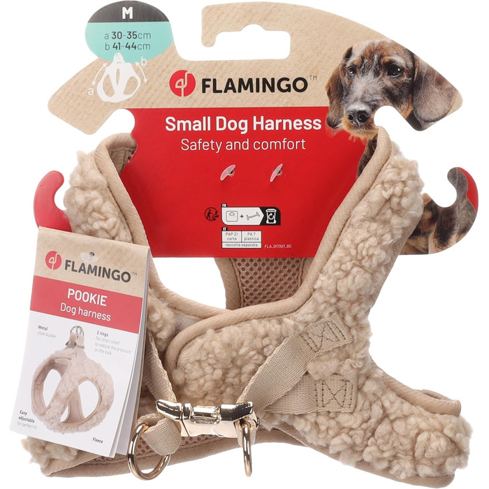 Нашийник для собак Flamingo Step&Go Pookie – Бежевий – Розмір S (A: 30–35см, B: 37–40см, 5мм) – М'який флісовий нашийник з липучкою, кліпсою та золотими деталями