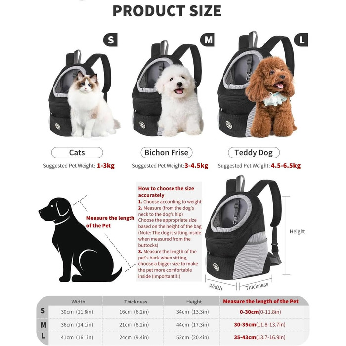 PETCUTE Рюкзак-переноска для собак і котів, чорний, з регульованим ременем, водонепроникним дном та дихаючою передньою кишенею