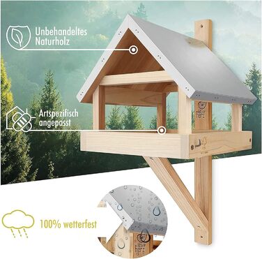 Стільниковий годівничка для птахів wildtier herz XL настінна, масивне дерево, металевий дах, для підвішування, срібляста