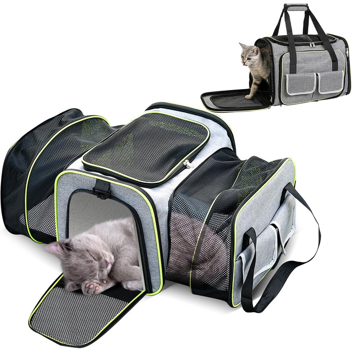 PETCUTE Транспортна сумка для кота, розкладна, з м'яким флісовим ліжком, 2 сторони відкривання, дихаюча сумка-переноска для кота з бічними кишенями, схвалена авіакомпаніями, світло-сіра, M