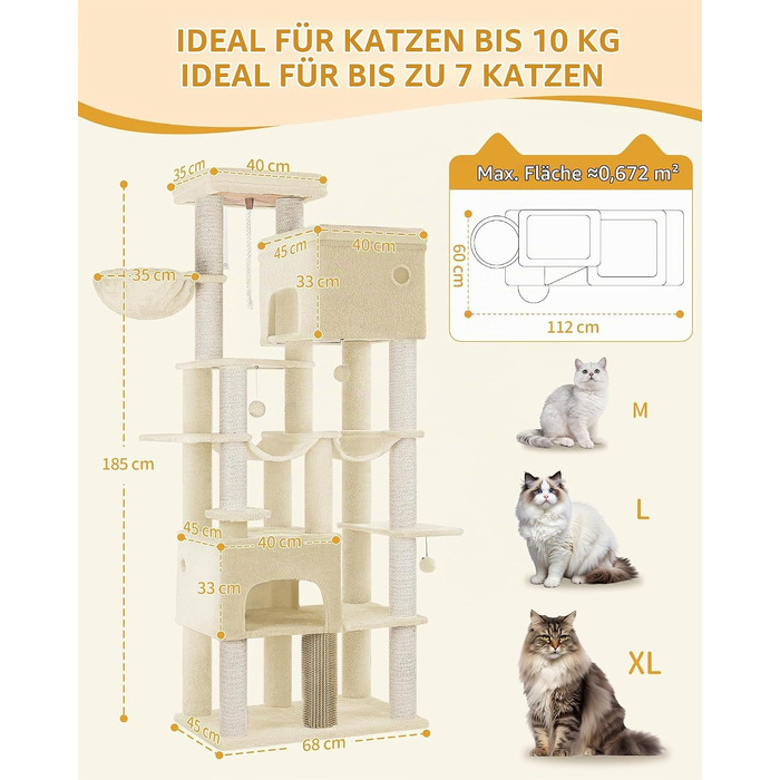 Ігровий комплекс для котів Hzuaneri XXL: високий когтеточка-замок (185 см) з 10 стовпчиками, бежевий, 68 x 45 x 185 см
