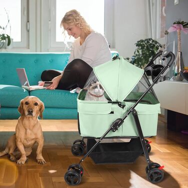 Візок для собак і котів OHMG, розкладний, до 20 кг, з гальмами, великий кошик, 3 вікна, тримач для напоїв, зелений (50 x 65 x 99 см)