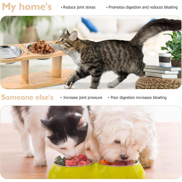 Підвищена годівниця для котів LEKEFETO з 3 мисками з нержавіючої сталі, регульована висота, дерев'яний підставник, годівниця та миска для води для котів та маленьких собак