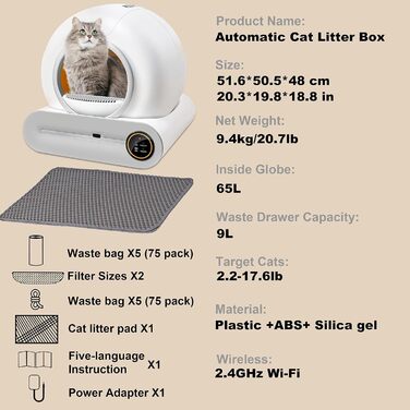 Автоматичний лоток для котів XQDKoon з самоочищенням, 2 мішки для відходів та килимки, керування через додаток