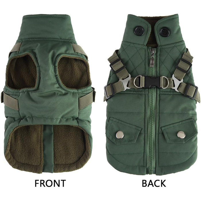 Вітростійка куртка для собак, тепла жилетка для цуценят та собак середніх розмірів, зелена, XL. З D-початком та блискавкою на спині.