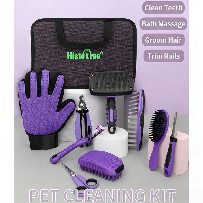 Набір для догляду за шерстю собак та котів (9 шт.): триммер для кігтів, щітка-вичесалка, купальна щітка, скребок для шампуню та аксесуари для грумінгу для короткошерстих та довгошерстих тварин