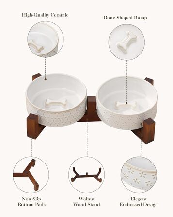 Миска для собак Malacasa з підставкою з горіхового дерева, 450 мл, подвійна миска для собак та котів, для корму та води, неслизька підставка, візерунок у вигляді п'ятипелюсткового клеверу та соти, 450 мл * 2