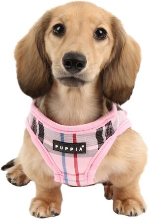 Шлея для собак Puppia Junior, м'яка рожева жилетка, антизаплутуюча, для малих порід та цуценят, розмір M, клітинка