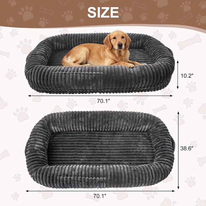 Ортопедичне ліжко для собак, велике, 177,8 x 96,5 x 25,4 см, сіре, з Memory Foam, миється