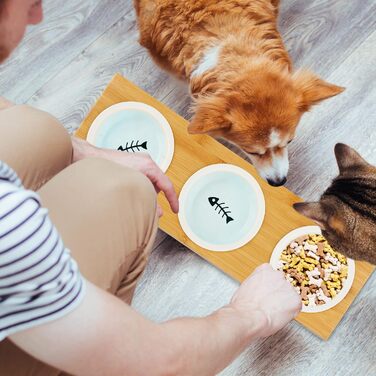 Набір мисок для котів та собак Relaxdays 3 шт. з бамбука та кераміки, для води та корму, миюча посудомийна машина