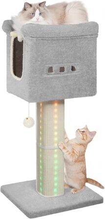 Котячий комплекс Hzuaneri 99 см з LED підсвіткою, сірий – когтеточка із сизалю, велика платформа, будиночок для котів, іграшка-бомбочка, меблі для котів 45x40x99 см, модель MS99918LG