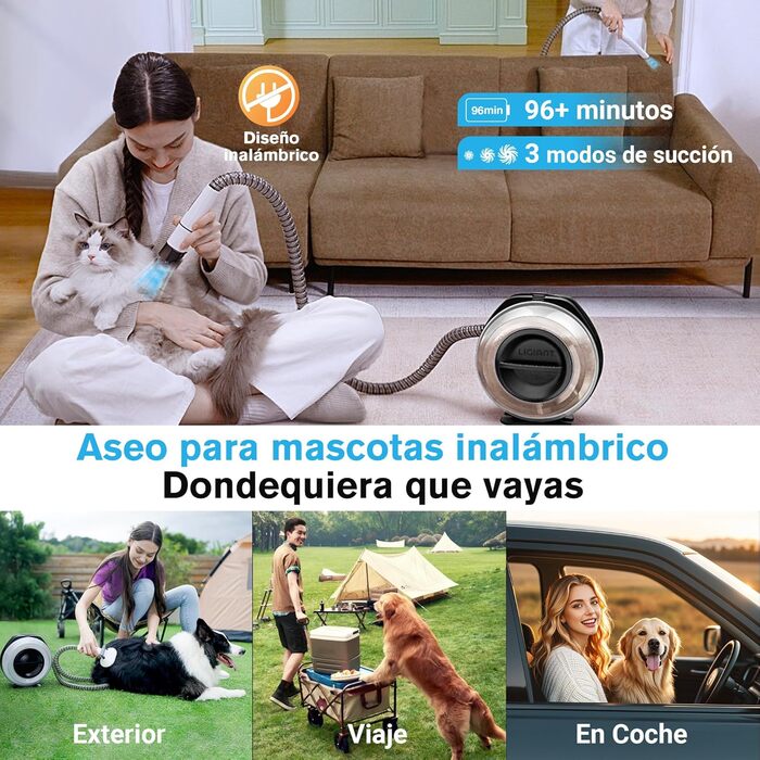 Бездротовий пилосос для собак T10 Pro 7-в-1: догляд, стрижка, точилка для кігтів, щітка. Великий контейнер 2.2л. Ідеально для прибирання шерсті вдома, в авто та на вулиці. Чорний та білий.