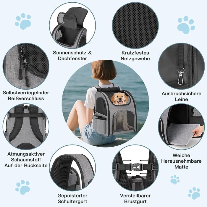 Рюкзак для тварин до 10 кг з сіткою, дихаючий, з лінійкою безпеки та килимком - сірий
