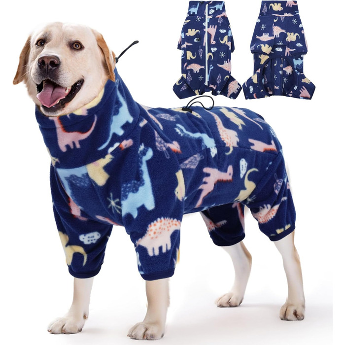 Флісова куртка для собак ROZKITCH, теплий пуловер, піжама, вітростійка, тепла, для холодної погоди, жилет з відбиваючим шнуром, комбінезон, одяг, комплект для великих собак, динозавр 4XL (довжина спини: 31.1'), блакитний динозавр